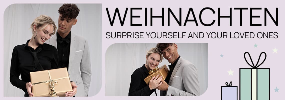 WEIHNACHTEN – Surprise yourself and your loved ones – Mann und Frau mit Geschenk in festlicher Kleidung
