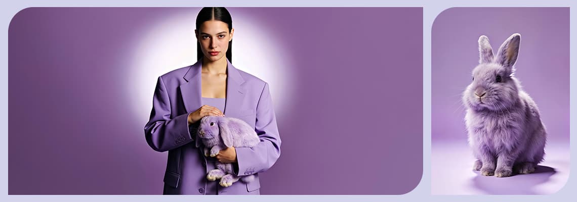 Person in purple suit holding a fluffy bunny. Right: Fluffy bunny sitting on purple background.