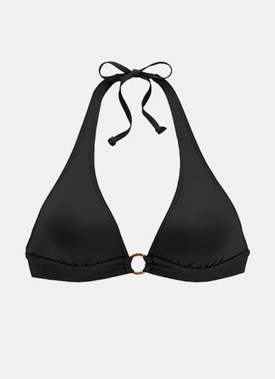 Schwarzes Bikinioberteil mit Neckholder, tiefem Ausschnitt und kleinem Ringdetail zwischen den Cups