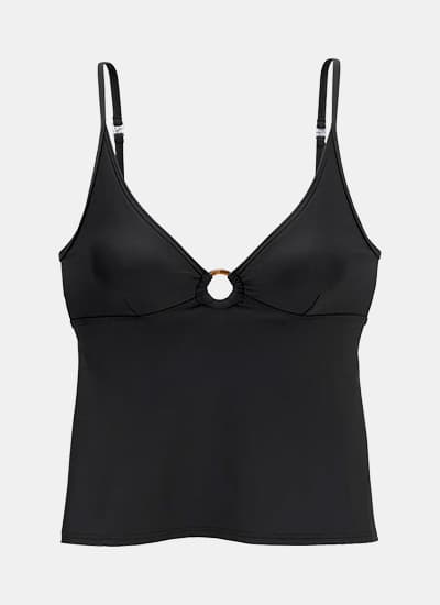 Schwarzes Spaghettiträger-Top mit V-Ausschnitt und kleinem Ringdetail zwischen den Cups