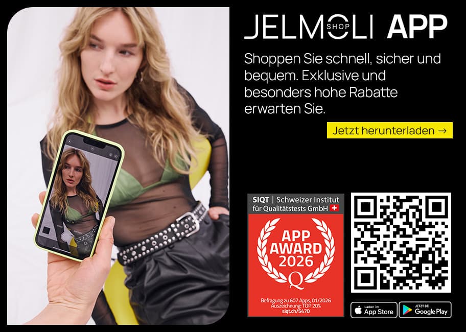 Jelmoli Shop App – Frau wird mit Smartphone fotografiert, daneben Text zu schnellem Shopping, App Award 2026 und QR-Code