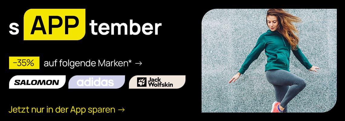 -35 % auf Salomon, adidas, Jack Wolfskin – Frau im Sportoutfit springt dynamisch vor grauer Wand, sAPPtember App-Aktion