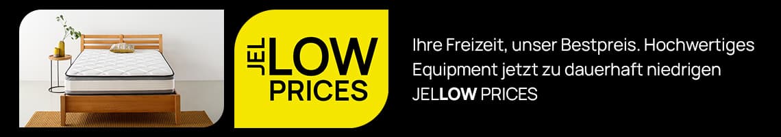 JELLOW PRICES – Werbebanner mit Bett und Matratze, Text zu hochwertigem Freizeit-Equipment zum Dauertiefpreis
