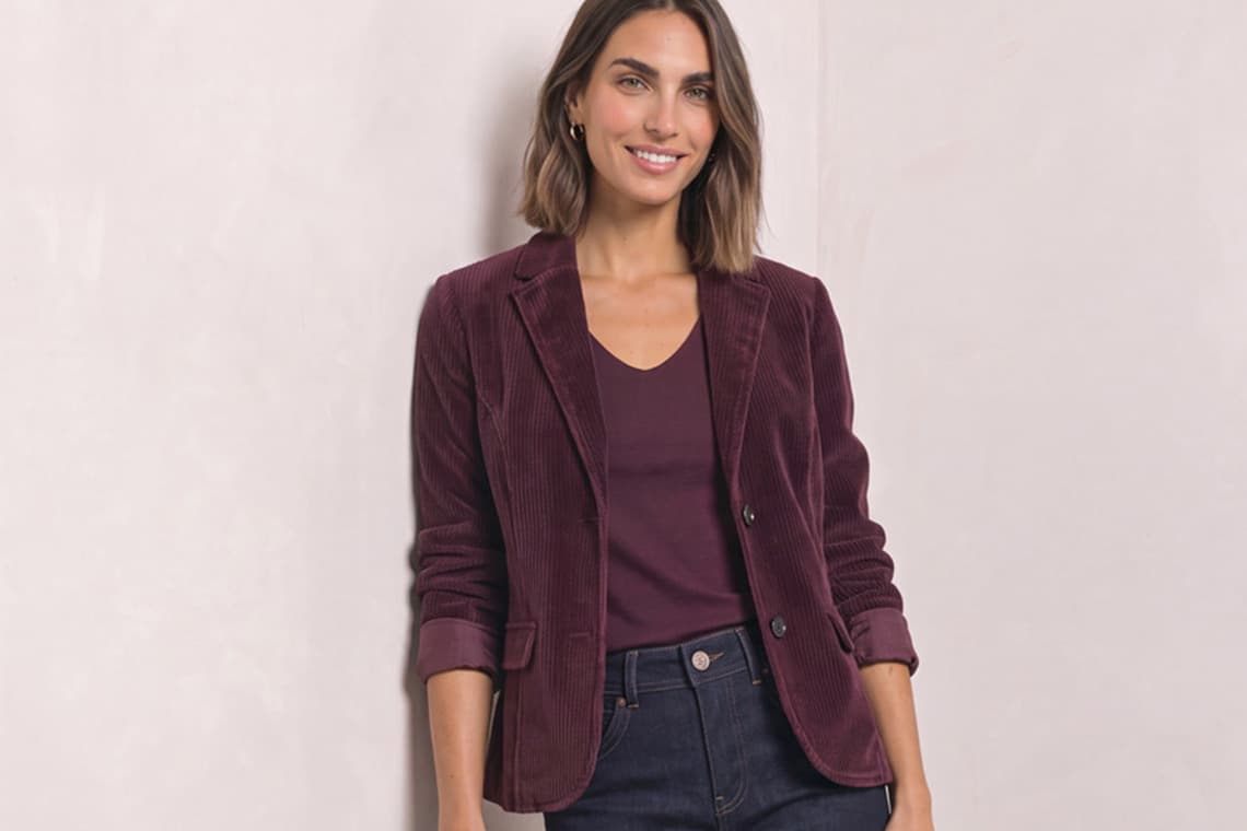 Frau mit schulterlangem Haar trägt bordeauxfarbenen Blazer über passendem Oberteil und dunkler Jeans, steht lächelnd vor hellem Hintergrund