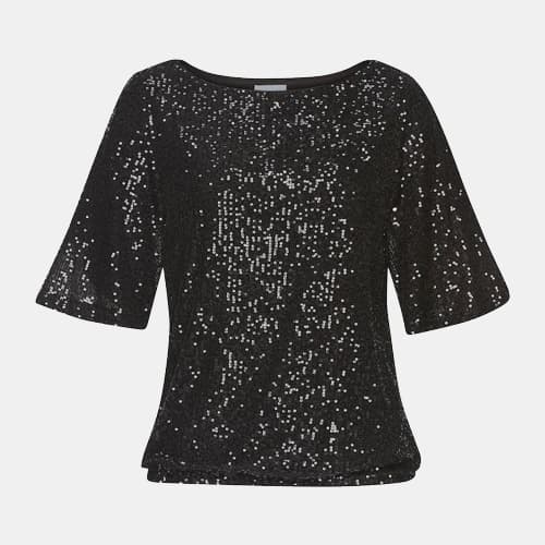 Schwarzes Paillettenshirt mit halblangen Ärmeln und weitem Rundhalsausschnitt, frontal vor hellem Hintergrund gezeigt