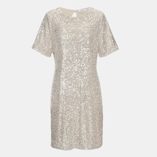 Kurzes glitzerndes Kleid mit kurzen Ärmeln und Rundhalsausschnitt, gerade geschnitten, frontal vor hellem Hintergrund