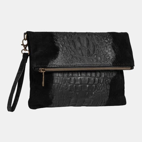 Schwarze Clutch mit Krokoprägung, umklappbarem Überschlag, Reißverschluss und Handschlaufe links