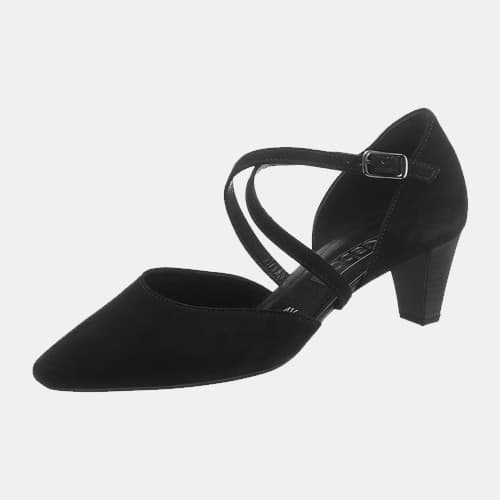 Schwarze spitze High Heels mit mittelhohem Absatz und zwei glitzernden Riemen über dem Spann