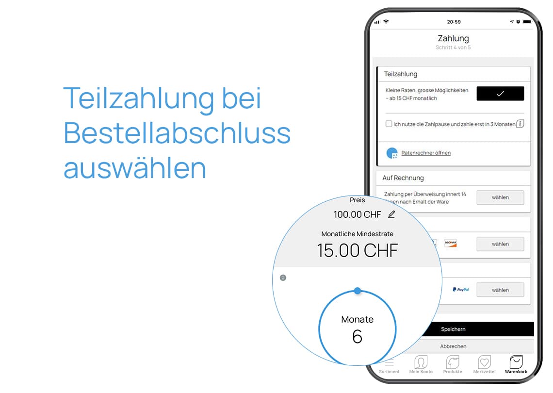 Teilzahlung bei Bestellabschluss auswählen