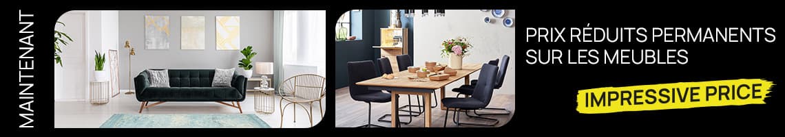 Prix réduits permanents sur les meubles – Salon avec canapé noir et salle à manger avec table en bois et chaises noires