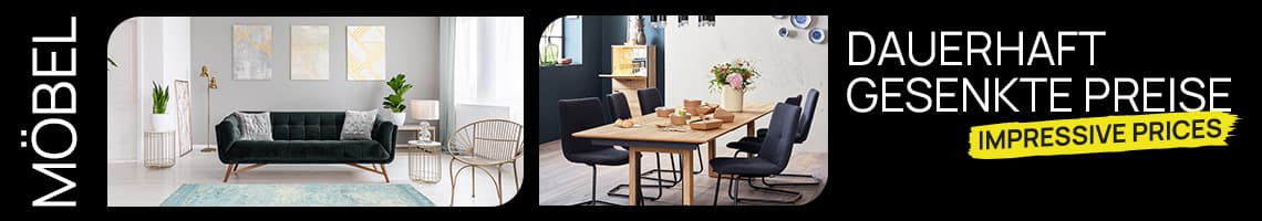 Dauerhaft gesenkte Preise – Wohnzimmer mit grauem Sofa, Esszimmer mit Holztisch und schwarzen Stühlen