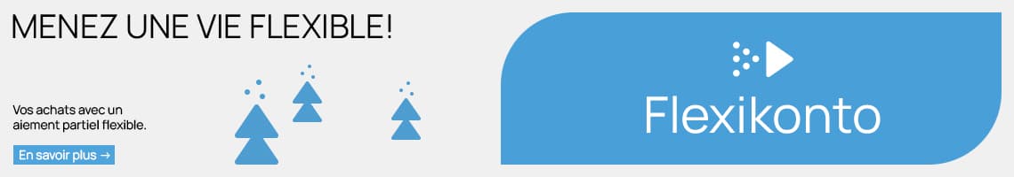 Macht mehr möglich! Flexikonto – Einkaufen mit flexibler Teilzahlung. Mehr Informationen – blaue Tannenbäume auf hellem Hintergrund
