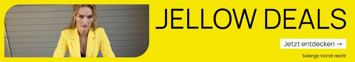 YELLOW DEALS – Jetzt entdecken. Solange Vorrat reicht. Person en veste jaune sur fond gris.