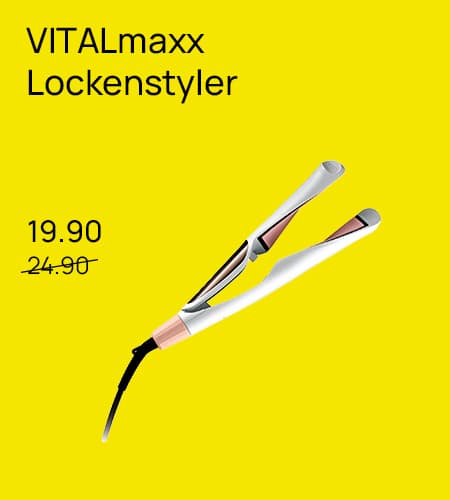 VITALmaxx Lockenstyler – 19.90 statt 24.90, weißer Lockenstab mit schwarzem Kabel auf gelbem Hintergrund