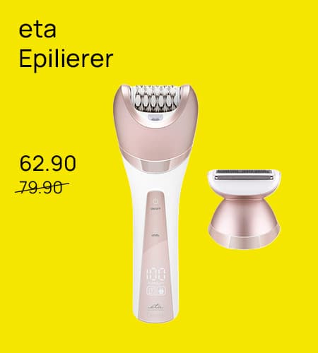 eta Epilierer 62.90 statt 79.90 – Epilierer und Rasieraufsatz auf gelbem Hintergrund