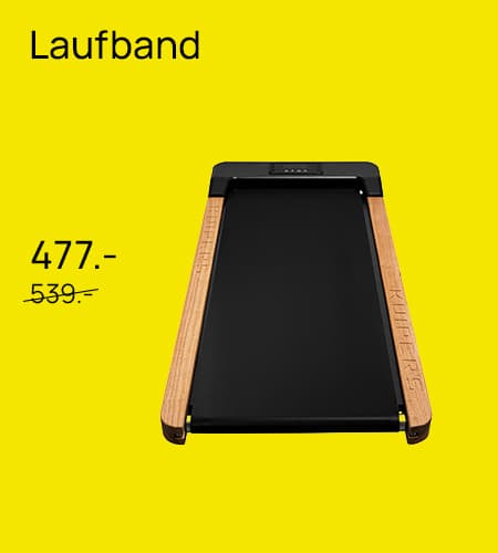 Laufband für 477 Euro statt 539 Euro – Schwarzes Laufband mit Holzseitenteilen auf gelbem Hintergrund