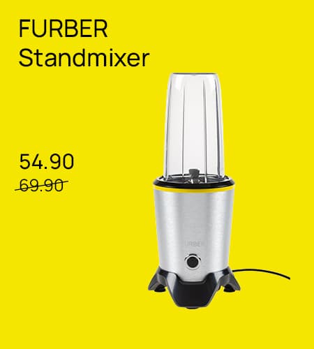 FURBER Standmixer – 54.90 statt 69.90 – Silberner Standmixer auf gelbem Hintergrund