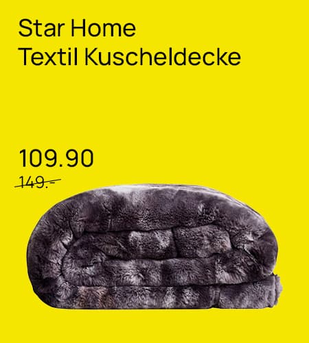 Star Home Textil Kuscheldecke – Preis 109.90 statt 149 – Graue Decke, zusammengerollt, auf gelbem Hintergrund