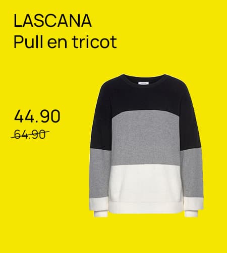 Pull en tricot LASCANA à 44.90 € au lieu de 64.90 € – Pull à bandes noires, grises et blanches sur fond jaune