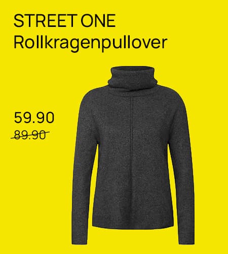 STREET ONE Rollkragenpullover 59.90 statt 89.90 – Dunkelgrauer Pullover vor gelbem Hintergrund