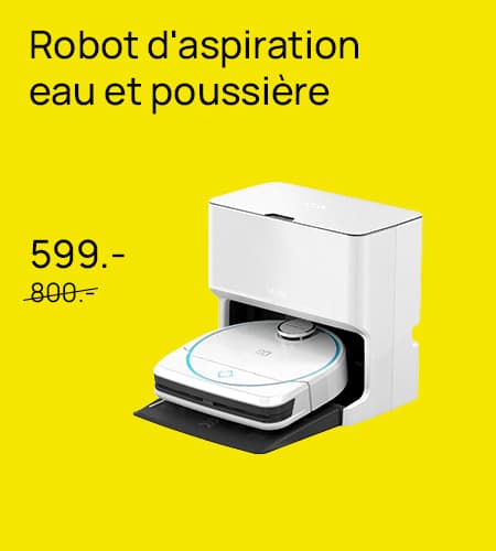 Robot d'aspiration eau et poussière à 599.- au lieu de 800.- – Robot blanc dans sa station de charge sur fond jaune
