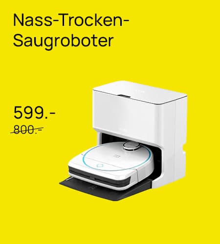 Nass-Trocken-Saugroboter 599.- statt 800.- – Weißer Saugroboter in Ladestation auf gelbem Hintergrund