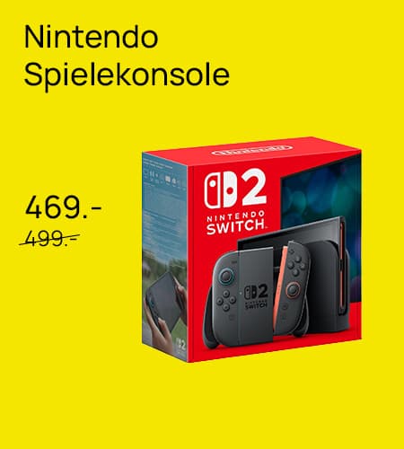 Nintendo Spielekonsole für 469.- statt 499.- – Verpackung der Nintendo Switch Konsole vor gelbem Hintergrund