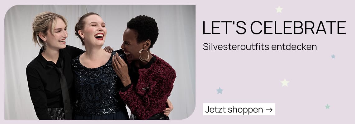 LET'S CELEBRATE Silvesteroutfits entdecken – Drei Frauen in festlichen Outfits lächeln und umarmen sich. Jetzt shoppen.