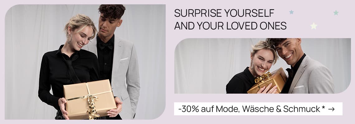 -30 % auf Mode, Wäsche & Schmuck – Zwei Personen in eleganter Kleidung halten ein Geschenk mit goldener Schleife