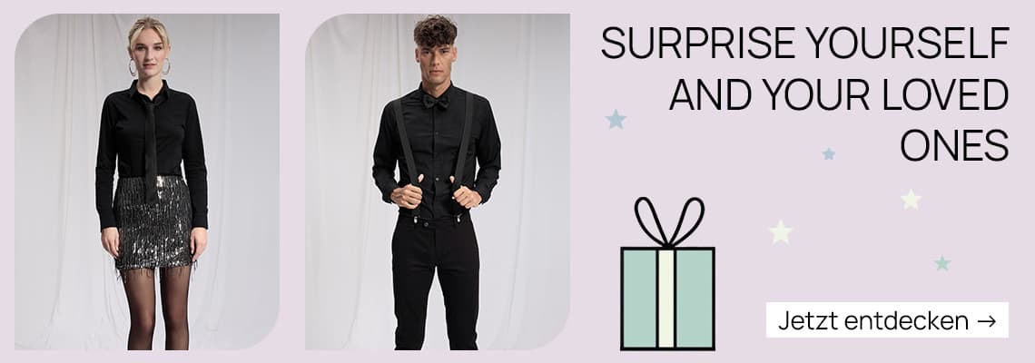 Surprise yourself and your loved ones – Frau in schwarzem Hemd und glitzerndem Rock, Mann in schwarzem Hemd und Hosenträgern