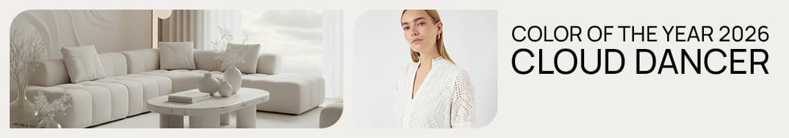 Color of the Year 2026 – Cloud Dancer. Elegant living room with white furniture and blurred face of a person in white outfit.
