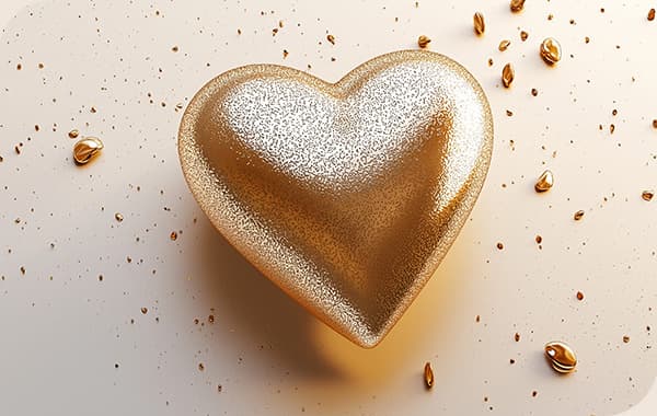 Zwei Hände formen ein Herz vor Sonnenaufgang, eine Hand trägt einen karierten Ärmel, die andere einen gestrickten Pullover.