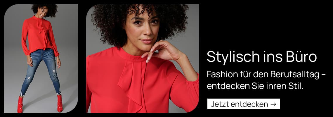 Stylisch ins Büro – Frau in roter Bluse und blauer Jeans mit roten Stiefeletten. Jetzt entdecken →