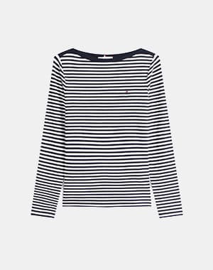 T-shirt à rayures horizontales noires et blanches avec manches longues et petit logo sur la poitrine