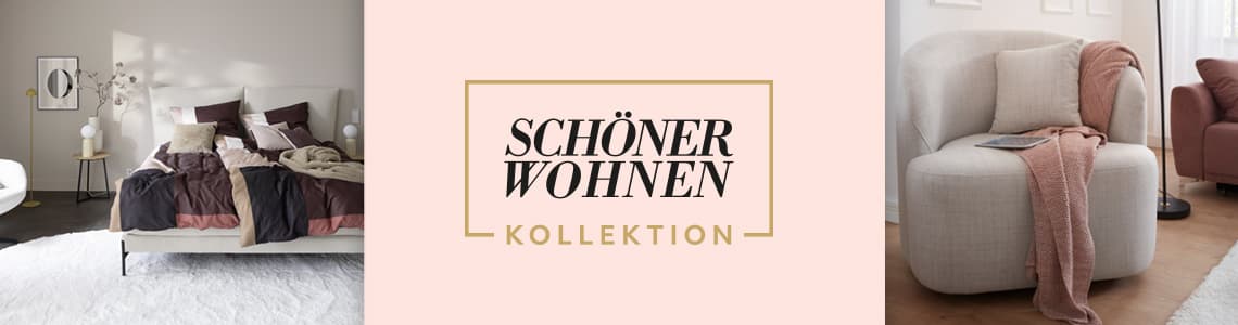 SCHÖNER WOHNEN KOLLEKTION – Schlafzimmer mit gemütlichem Bett und Wohnzimmer mit beigem Sessel und rosa Decke