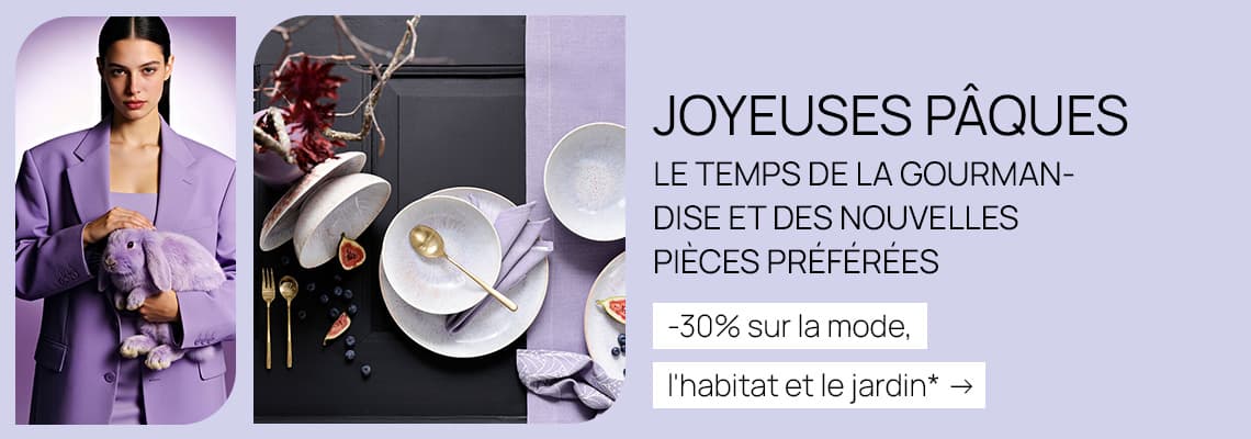 JOYEUSES PÂQUES – -30 % sur la mode, l’habitat et le jardin, femme en tailleur lilas tenant un lapin en peluche et vaisselle pastel