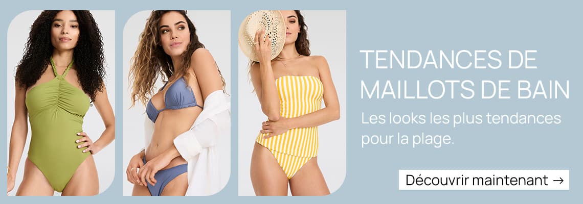 Tendances de maillots de bain – Trois personnes portent un maillot une pièce vert, un bikini bleu et un une pièce rayé jaune