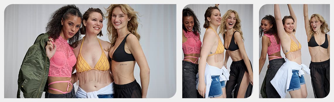 Groupe de trois personnes en bralettes colorées posant ensemble devant un fond clair