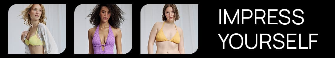 Texte « IMPRESS YOURSELF » – Trois personnes portant des bikinis jaune, violet et orange sur fond noir