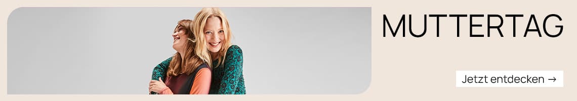 Muttertag – erwachsene Tochter umarmt ihre Mutter, daneben Button mit Aufschrift „Jetzt entdecken“