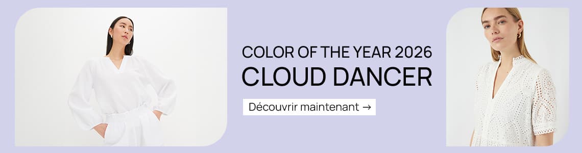 COLOR OF THE YEAR 2026 CLOUD DANCER – Deux personnes portent des blouses blanches, bouton « Jetzt entdecken »
