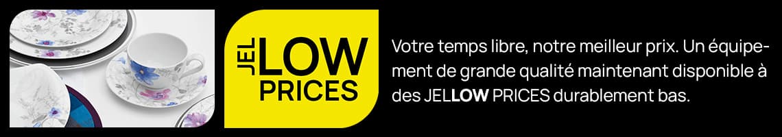 Ihre Freizeit, unser Bestpreis – JELLOW PRICES, Banner mit floralem Geschirr-Set und gelbem Preisfeld