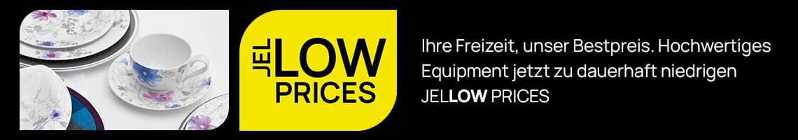 Ihre Freizeit, unser Bestpreis – JELLOW PRICES, Banner mit floralem Geschirr-Set und gelbem Preisfeld