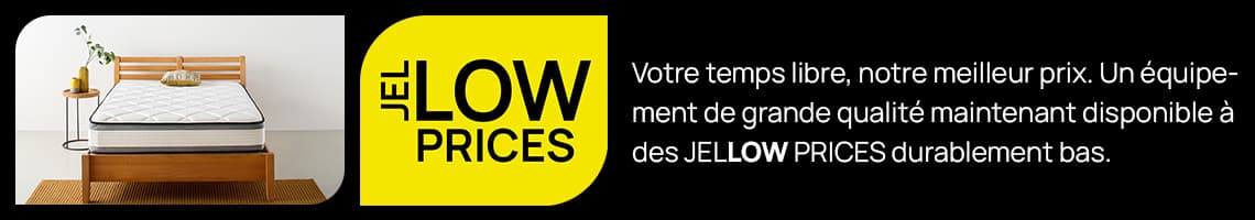JELLOW PRICES – Werbebanner mit Bett und Matratze, Text zu hochwertigem Freizeit-Equipment zum Dauertiefpreis