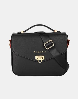 Sac bandoulière noir bugatti avec poignée supérieure et boucle dorée sur fond uni