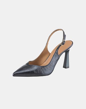 Escarpin slingback noir à bout pointu et talon haut carré, bride réglable à la cheville