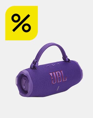 Lilafarbener JBL Bluetooth-Lautsprecher mit Tragegriff, seitlichem Basslautsprecher und Logo auf der Vorderseite