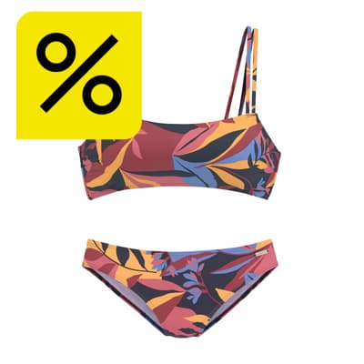 Prozentzeichen für Rabatt – bunter Bikini mit tropischem Blattmuster, Oberteil mit asymmetrischem Träger