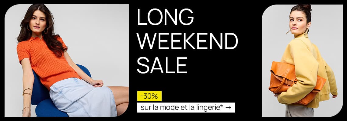 LONG WEEKEND SALE -30 % sur la mode et la lingerie, deux personnes posant en tenues colorées
