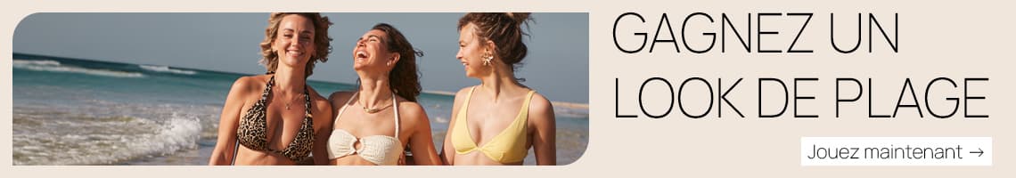 BEACH-LOOK GEWINNEN – drei Frauen in Bikinis stehen nebeneinander am Meer, rechts Button „Jetzt mitspielen“
